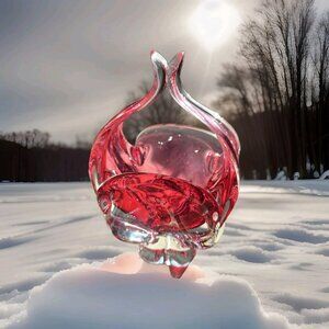 Exquisite MCM Chribska Czech Deep Pink 9" Art Glass Sculptural Basket